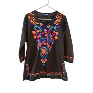 Embroidered Floral Black Tunic Blouse size M